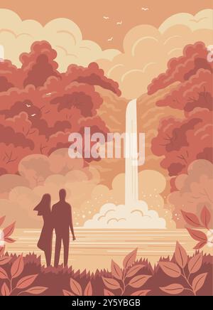 Young couple and beautiful waterfall in the wild. Picturesque nature landscape. Forest and foliage. Exotic tropical jungle and thickets. Adventure and Stock Vector