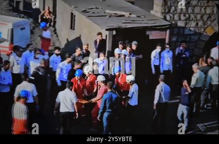 Tehran. 22nd Sep, 2024. This photo taken on Sept. 22, 2024 from the footage of Iran's state-run IRIB TV shows a scene near the site of a mine explosion in Iran's South Khorasan Province. The death toll from a mine explosion in Iran's South Khorasan Province has reached 38, with 14 people still trapped, the Islamic Republic of Iran News Agency (IRNA) reported Monday. A blast struck the coal mine in Tabas, about 540 km southeast of the capital Tehran on Saturday night. Credit: Shadati/Xinhua/Alamy Live News Stock Photo