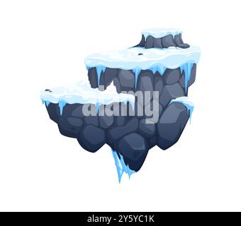 Arcade game platform with ice and snow on stone rock levels, vector cartoon asset for winter game. Floating island or levitation mountain rock stones platform with snow and ice for adventure game Stock Vector