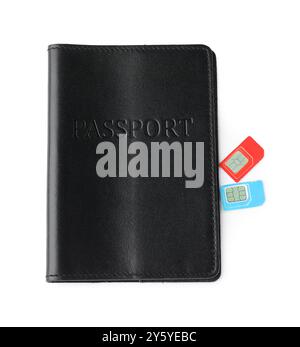 Passport and SIM cards isolated on white, top view Stock Photo