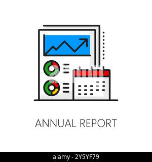 Color financial analysis, accounting, tax revenue and budget line icon representing an annual report, featuring a graph with an upward trend, pie charts, and a calendar business analysis and planning Stock Vector