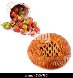 Homemade fruit pie and ripe strawberries isolated on white background. Collage. Free space for text. Stock Photo