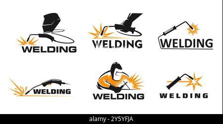 Weld icons, welders with metal work tools, sparks, welding torches, masks and gloves. Vector weld fabrication, metal construction workshop or plumbing service worker with gas metal arc welding machine Stock Vector