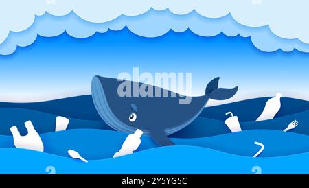 Paper cut whale in polluted water, plastic in the sea, vector environment and ecology. Blue whale swimming in 3d origami ocean sea waves among papercut plastic bottles, bags, cups and drinking straws Stock Vector