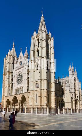 Exterior view of the west facade and stained glass rose window of the French Gothic medieval Santa Maria Cathedral Leon Castile and Leon Spain Europe Stock Photo