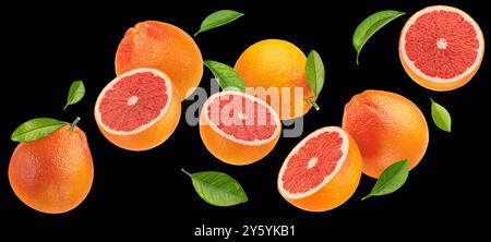 Falling grapefruits isolated on black background Stock Photo