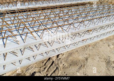 Reinforced prefabricated concrete slab at construction site Stock Photo