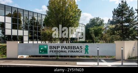 Signage for BNP Paribas personal finance headquarters in Bordeaux, France. Stock Photo