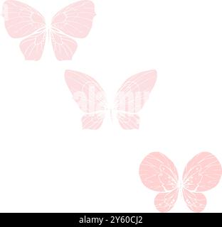 Butterflies with wings in pink colors. Delicate, romantic simple insects. Graphic illustration set of their several elements, clip art vector Stock Vector