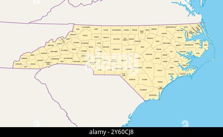 North Carolina counties, political map with borders county names. State in the Southeastern region of United States, subdivided into 100 counties. Stock Photo