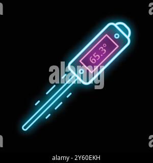 Digital contactless thermometer showing temperature, glowing in blue and pink on a black background Stock Vector