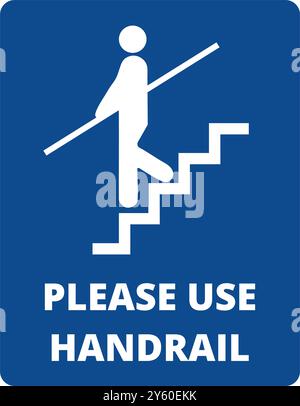 Blue stairway banner with please use handrail text on a white background Stock Vector