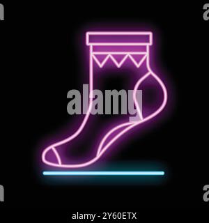 Bright pink neon sock glowing on dark background, concept of cozy winter evening Stock Vector