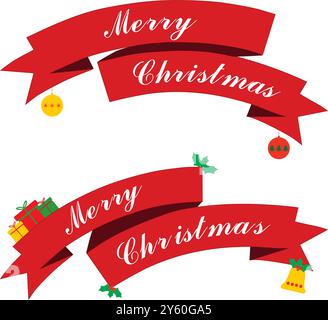 Merry christmas ribbons with christmas ornaments on a white background Stock Vector