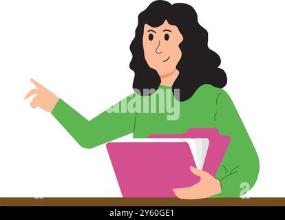 Woman wearing green coat with a folder with paper sheets on a desk on a white background Stock Vector