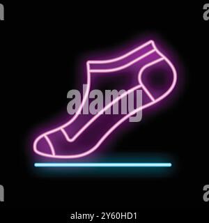 Vibrant neon sign depicting a single sock standing upright on a line, glowing against a dark background Stock Vector
