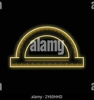 Yellow neon icon of a protractor glowing on black background Stock Vector