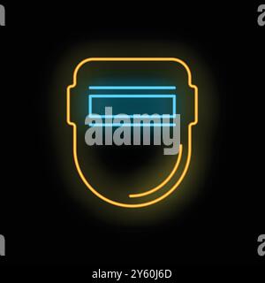 Bright neon icon of a welding mask glowing on a dark background representing safety equipment for welders Stock Vector