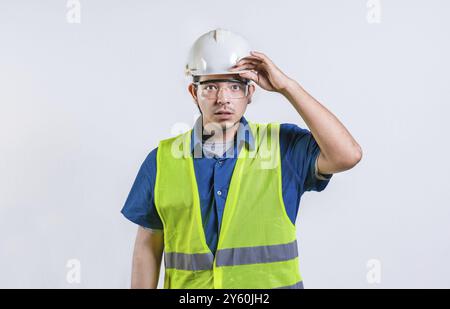 Surprised man engineer looking into the distance. Amazed engineer looking into the distance isolated. Young engineer looking far away Stock Photo