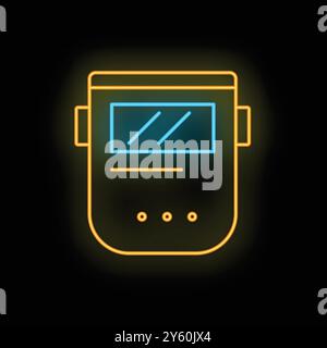 Yellow neon icon of a welding mask glowing on a black background Stock Vector