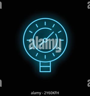 Blue neon icon of a pressure gauge glowing on a dark background, representing concepts like measurement and industry Stock Vector
