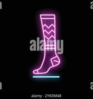 Bright pink and blue neon sign of a long sock is glowing on a black background Stock Vector