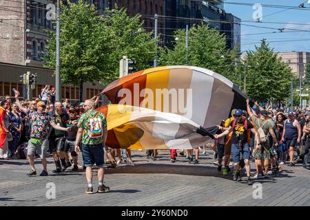 Bear with Us Helsinki bearded men flying International Bear Brotherhood Flag at Helsinki Pride 2024 parade on Mannerheimintie in Helsinki, Finland Stock Photo