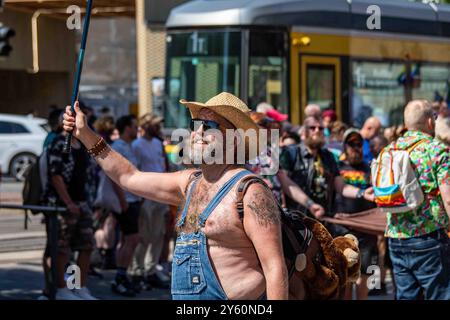 Bearded man celebrating bear subculture at Helsinki Pride 2024 parade on Mannerheimintie in Helsinki, Finland Stock Photo