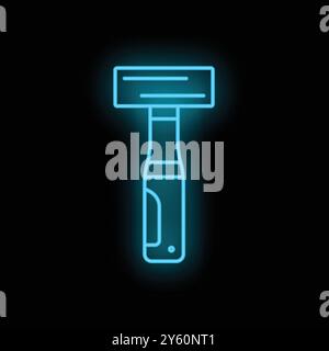 Blue neon sign of a safety razor glowing on a black background Stock Vector