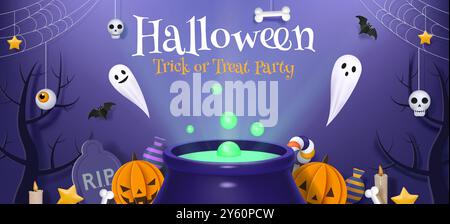 Halloween banner. 3d pumpkin background or cute candy paper poster. Ghost, witch cut party invitation or flyer. Witch and wizard potion in cauldron. Spooky characters. Background design. Vector icons Stock Vector