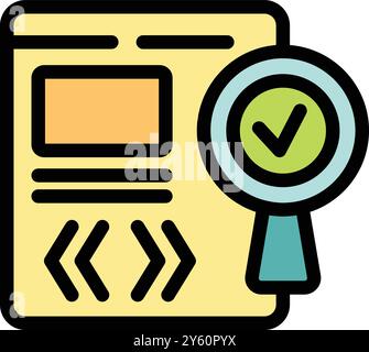 Magnifying glass with a green checkmark hovering over a stylized web page, representing the concept of content validation and online trust Stock Vector