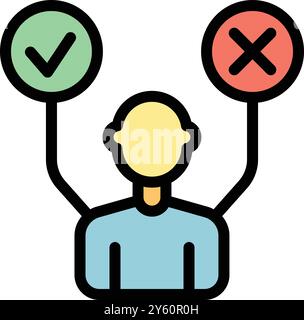 Businessman is deciding between a right decision represented by a green check mark and a wrong decision represented by a red cross mark Stock Vector