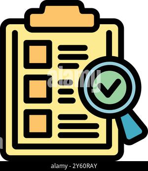 This vector illustration depicts a magnifying glass hovering over a clipboard with a checklist, symbolizing successful completion and positive evaluation Stock Vector