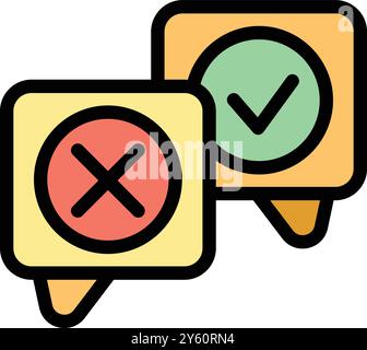 Two speech bubbles containing a checkmark and cross mark icon, symbolizing the process of making a choice Stock Vector
