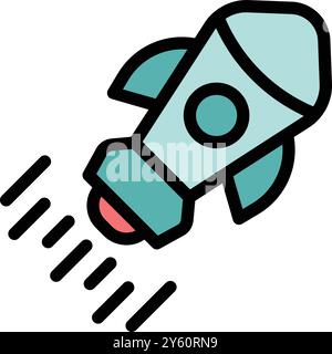 Cartoon rocket ship blasting off and leaving a trail of smoke, a fun and playful illustration perfect for projects related to space exploration, technology, and startups Stock Vector