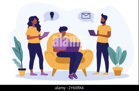 Illustration of three people using laptops, sharing ideas and messages, with potted plants in the background. Concept of teamwork, collaboration, and Stock Vector