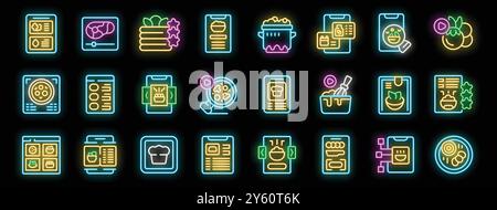 Bright neon icons showing different ways to learn to cook or order food using mobile apps Stock Vector