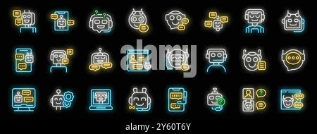 Neon icons set of chat bots, robot consultant providing online support to customers with speech bubbles Stock Vector