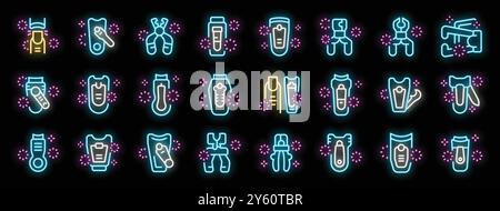 Bright glowing neon icons of multi functional tools for travellers with different instruments are glowing on a dark background Stock Vector