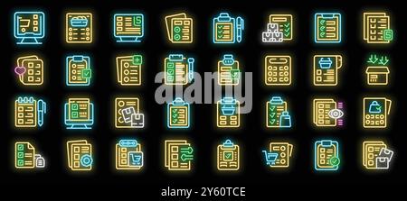 Set of checklist, planning, to do list, wish list neon light icons. Pack of shopping list, task, document, agreement, contract, survey, exam, quiz, application form linear symbols Stock Vector