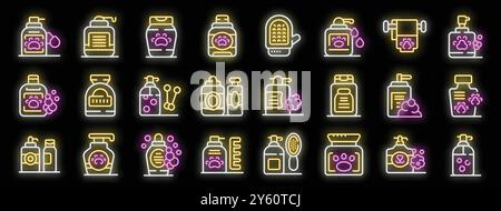 Set of pet cosmetics neon icons glowing on black background. Pet shampoo and soap, comb and brush for dog and cat. Grooming, hygiene and care for domestic animals Stock Vector