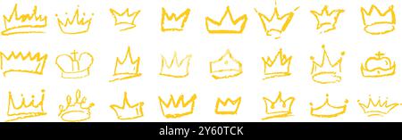 Set of doodle gold crowns drawn by wax pencil. Yellow royal headwear in graffiti style. Collection of hand drawn luxury doodle kid elements for rock Stock Vector