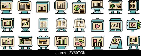 Set of icons depicting various types of presentations, with data, charts, and multimedia elements Stock Vector
