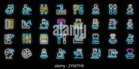 Sculptors using tools for creating sculptures and different types of sculptures neon icons set Stock Vector