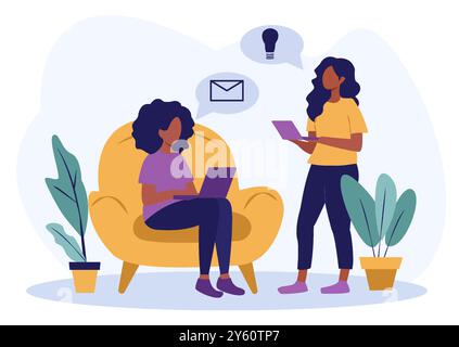 Two women engaging in a discussion while using laptops, one seated and one standing, with speech bubbles showing an email and a light bulb. Indoor Stock Vector