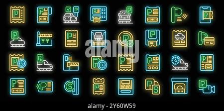 Paid parking zone neon icons set vector. Glowing parking time and ticket, garage and barrier, smartphone application and payment for car place illustrations Stock Vector