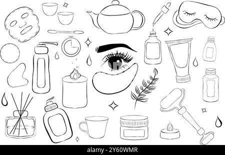 Set of skin care products. Bundle of cosmetics and makeup items in bottles, tubes and jars. Beauty routine. Black skin care silhouette. Stock Vector