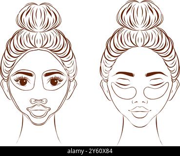 Face masks, beauty treatment thin line icons set vector illustration. Outline female characters apply clay or cream mask with brushes, circles of patc Stock Vector