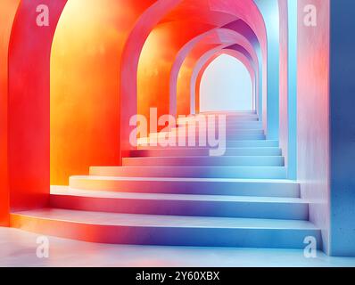 Explore a stunning 3D geometric abstract design featuring smooth gradients and vibrant colors. This artwork captures a unique staircase structure in a Stock Photo