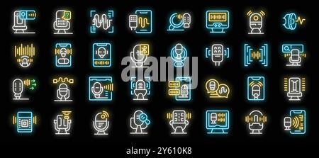 Voice recognition neon icons set vector. Voice control and recognition system, microphone and sound wave, headset and speaker illustrations Stock Vector